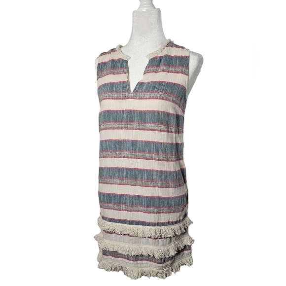 HOLDING HORSES Dresses & Skirts - Holding Horses Anthropologies Cream & blue & red stripes w/ fringe v-neck size 6